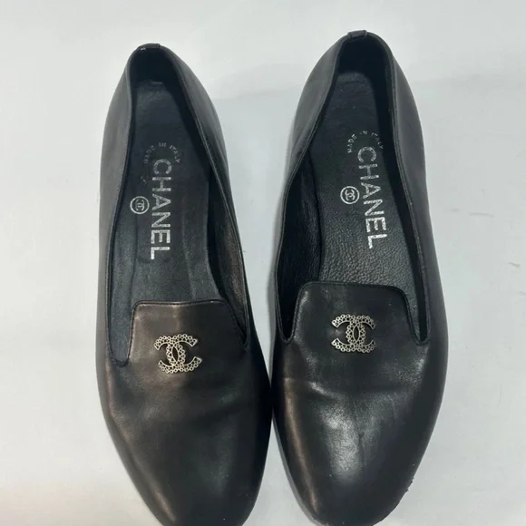 Chanel Black Leather CC Logo Shoes Slip on Loafers for Women 37 / US 7 - Picture 7 of 7